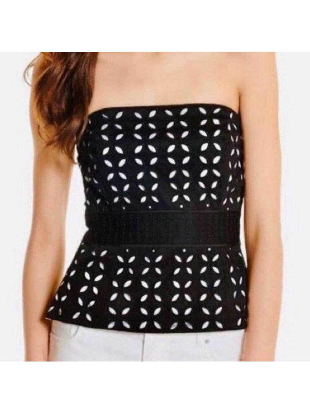 WHBM Strapless Eyelet Cut-Out Corset Black White Bustier Peplum Top Size 10 NWT